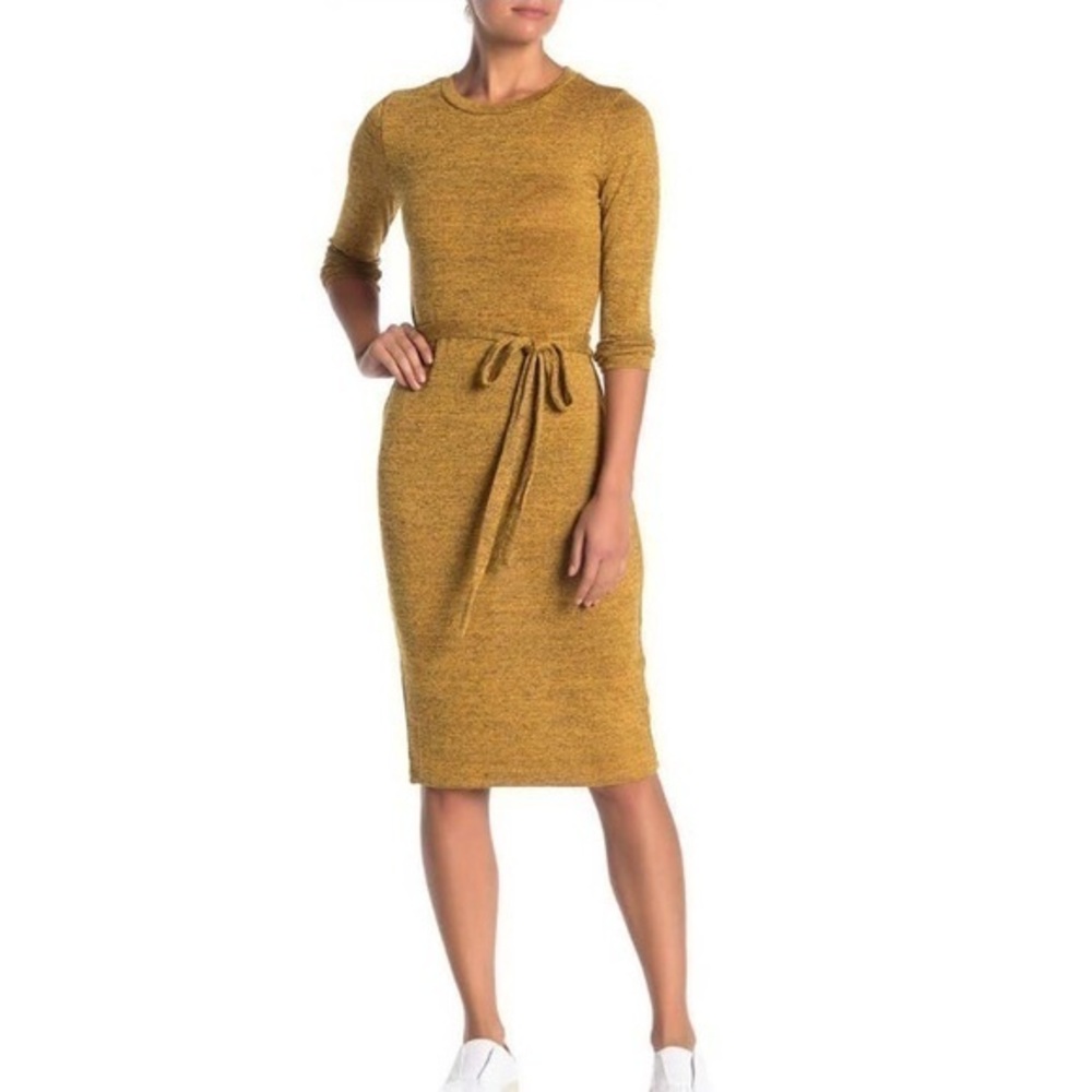 NWT Tie Waist Knit Bodycon Dress Mustard Gold New